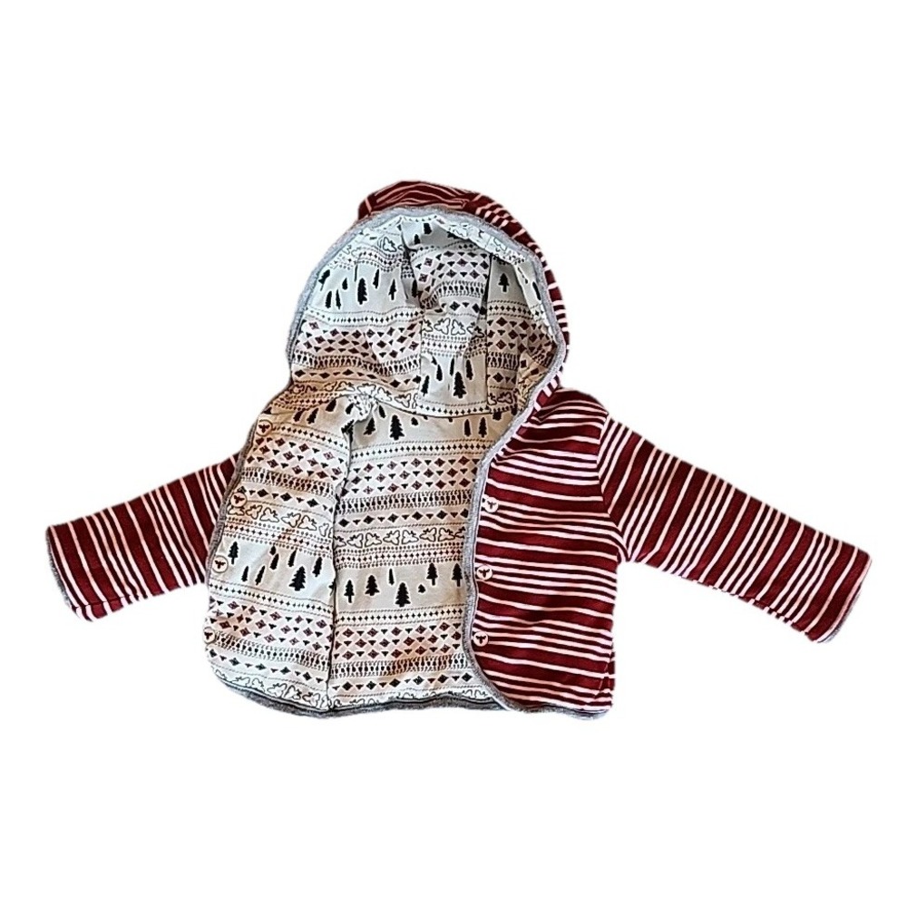 Burts Bees Reversible Hoodie Kids 3-6 Months Red Stripe Snap Winter Cozy Eco